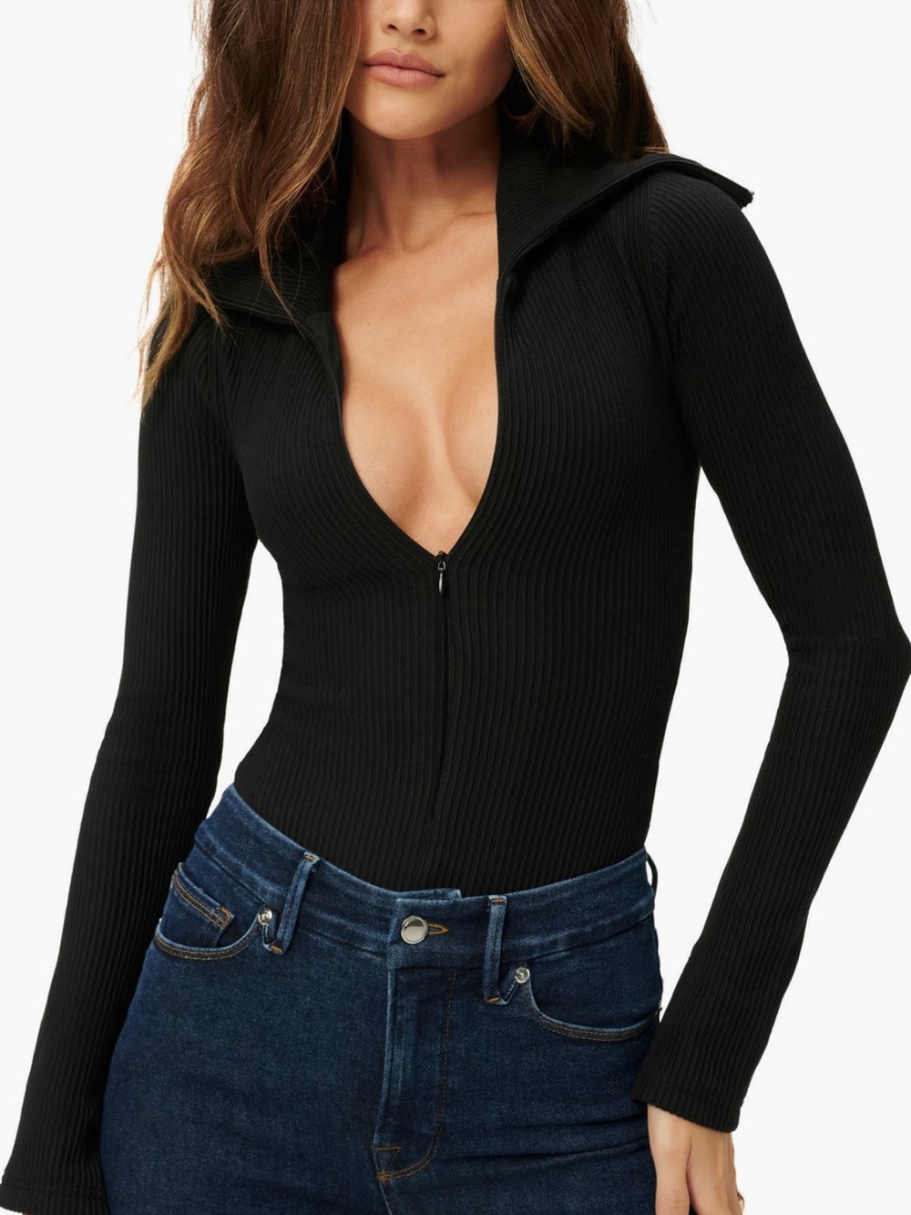 Good American Ribbed Funnel Neck Zip Up Bodysuit Black Minimalist Coquette Edgy